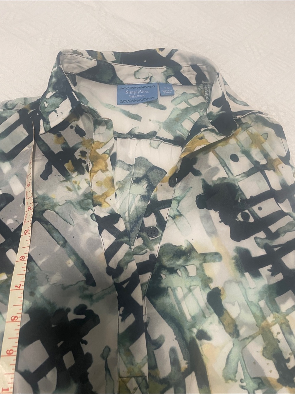 🖤5/$25 Vera wang silky Sleeveless Abstract Print Layered Blouse Blue Green White - Picture 10 of 17